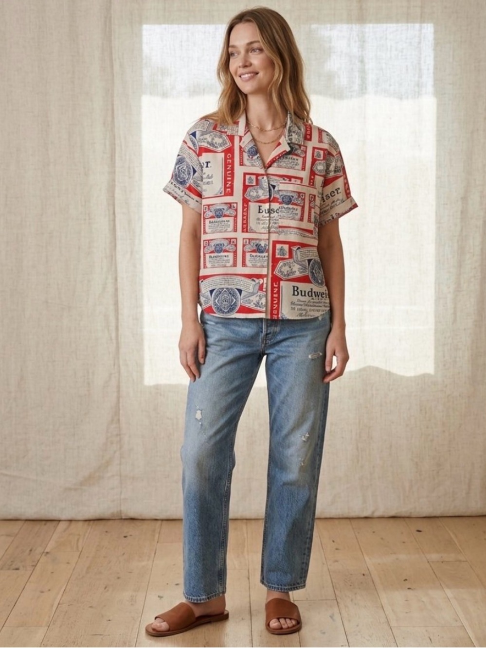Farewell Frances Budweiser Spread Collar Camp Shirt Top Medium